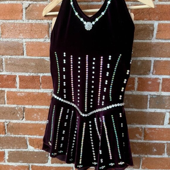 Purple Halter - Jazz Age Velvet Figure Skating Dress + Custom Crystals - XS/S - Picture 2 of 14